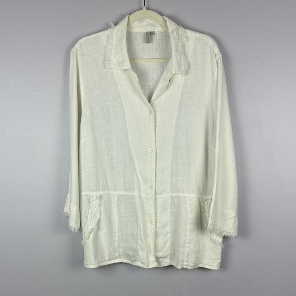 By JJ 100% Linen Stylish White Linen Blouse with Fringe Detail Size Large - Picture 2 of 13